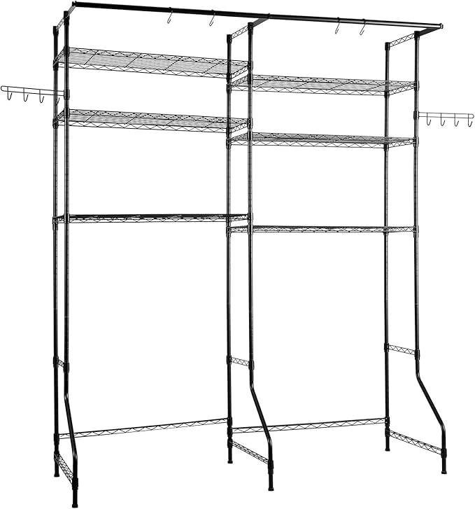 VEVOR Over The Washer and Dryer Storage Shelf, 6 Tier Laundry Room Drying Rack with Hanger Rod and Hooks, Adjustable Over Washer and Dryer Shelves, Laundry Room Shelf Storage Space Saver, Black