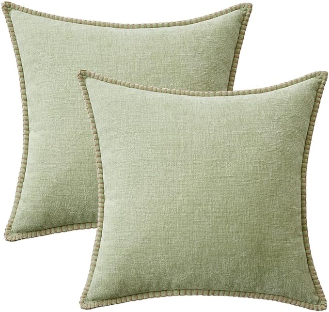 MIULEE Pack of 2 Couch Throw Pillow Covers 18x18 Inch Light Green Farmhouse Decorative Pillow Covers with Stitched Edge Soft Chenille Solid Dyed Spring Pillow Covers for Sofa Bed Living Room
