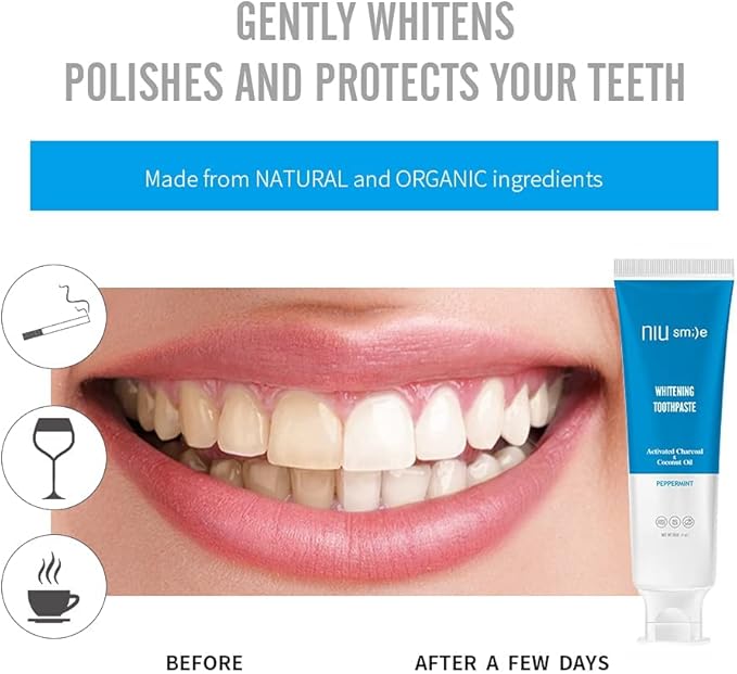 Niusmile Teeth Whitening Toothpaste | Activated Charcoal & Coconut Oil | SLS & Fluoride Free | Peppermint Taste