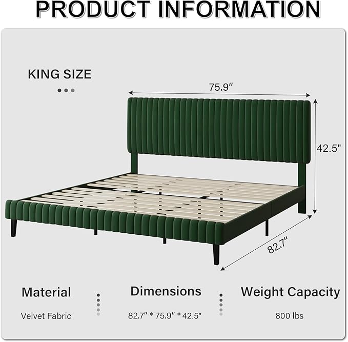 King Size Bed Frame, Velvet Upholstered Platform Bed with Vertical Channel Tufted Headboard and Footboard, No Box Spring Required, Easy Assembly, Green