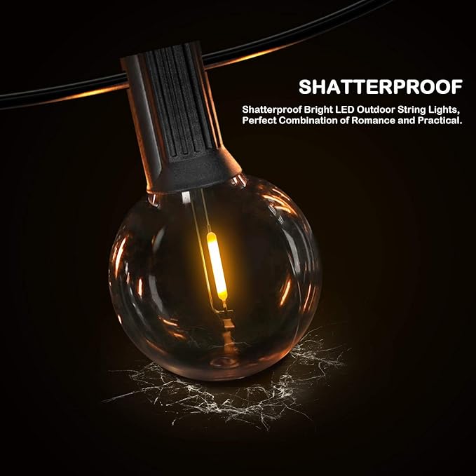 50FT LED G40 Globe String Lights, Shatterproof Outdoor Patio String Lights with 50+2 Dimmable Edison Bulbs, 50 Backyard Hanging Bistro Light Waterproof for Balcony Party Wedding Market Cafe
