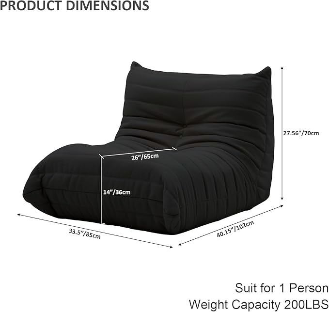 Luxury Sofa Couch Chair, Lazy Floor Seating, Fireside Bean Bag Chair, Ergonomic Tatami Sofa Lounger for Living Room, Bedroom, Office, Single Seat, Black