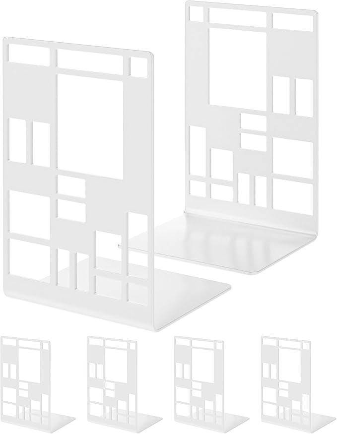 INNPLUS Heavy-Duty Metal Bookends, 6 Pair, White, Anti-Slip Foam Pads, Perfect for Heavy Books, Office, Home