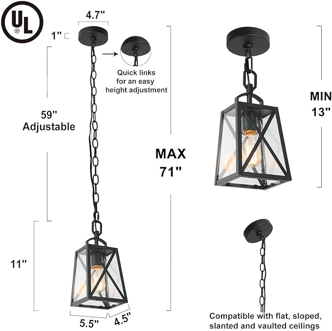 LOG BARN Outdoor Pendant Light Fixture, Farmhouse Exterior Lights, Anti-Rust Ceiling Outdoor Light with Seeded Glass, Lantern Hanging Light for Front Door, Entry, Porch, and Gazebo