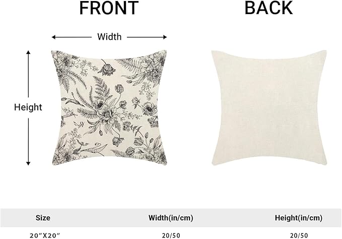 CXMEIFLY Spring Floral Leaves Pillow Covers 20 x 20 Inch Set of 2 for Chinoiserie Flowers Decor Throw Pillows Black and White Seasonal Plant Outdoor Decorative Cushion Cases for Couch Bed Decorations