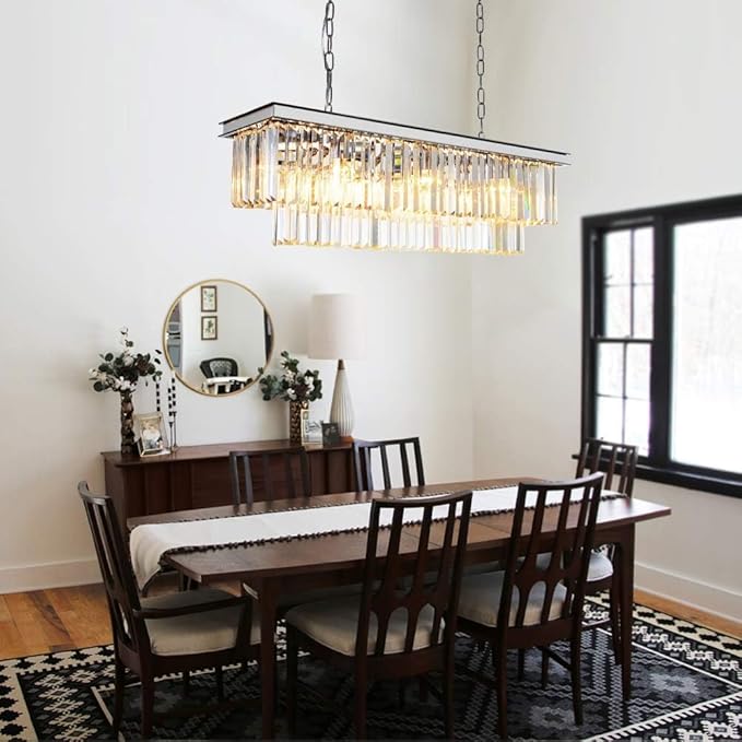 L39.4 Chrome Rectangle Modern Crystal Chandeliers Lighting Rectangular Pendant Ceiling Lights Fixture Lamp for Dining Living Room