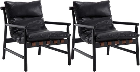 Kmax Modern Sling Accent Chairs Set of 2 Upholstered PU Leather Living Room Chairs Solid Wood Frame Arm Chairs Comfy Lounge Chairsfor Bedroom, Reading Room, Black