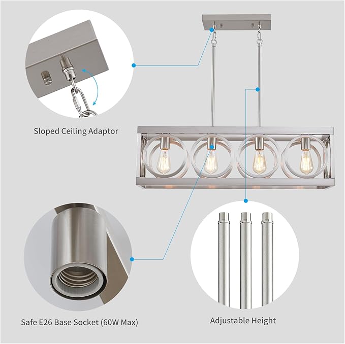 XINGQI Linear Chandelier Brushed Nickel Kitchen Island Light Fixtures 31.5" Rectangle Dining Room Chandeliers, Farmhouse Hanging Large 4-Light Rustic Metal Living Room Office Pendant Lighting