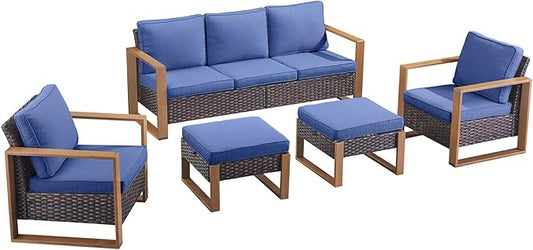 Outdoor Wicker Patio Furniture Set - 5 Piece Patio Conversation Set with 2 Wicker Armrest Chairs,2 Rattan Ottoman and 1 Couch,Sturdy Frame,Thick Cushions,Deep Seating(Brown/Blue)
