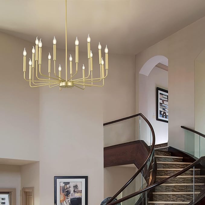 Modern Gold Farmhouse Chandeliers, 16-Light Industrial Metal Chandelier Lighting, Classic Candle Hanging Pendant Light Fixtures for Kitchen Island, Living Room, Dining Room, Stair