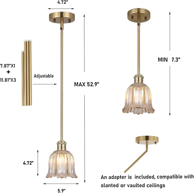 Modern Gold Pendant Light Brushed Brass Mid Century Chandelier Amber Glass Shades Adjustable Rods Farmhouse Ceiling Hanging Lighting Fixture Kitchen Island Dining Room Bedroom