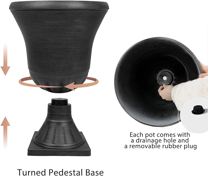 Worth Garden 2-Pack Plastic Urn Planters for Outdoor Plants, 22'' Black Tall Round Classic Resin Traditional Flower Pots - 15 in. Dia. Large Imitation Stone Decorative Pot Patio Deck Front Porch