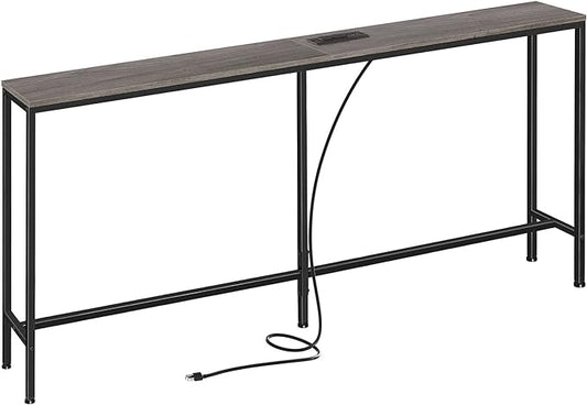 SUPERJARE 70 Inch Console Table with Outlet, Sofa Table with Charging Station, Narrow Entryway Hallway Table, Behind Couch Table, for Living Room, Charcoal Gray