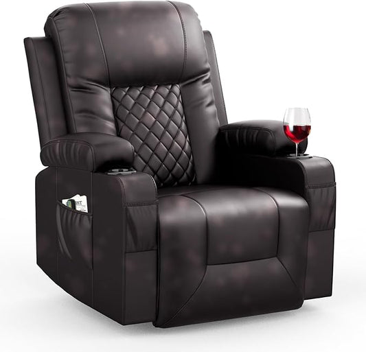 Recliner Chairs for Adults, FSC Certified Massage Rocker with Heated Modern Ergonomic Lounge 360 Degree Swivel Single Sofa Seat Living Room Lounge Recliners Brown
