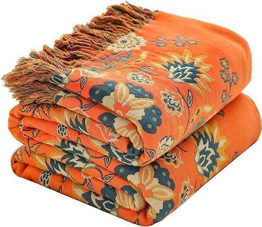 Throw Blanket for Couch Bed Chair,100% Cotton Soft Lightweight Blanket Rustic Quilt -Orange Floral Printed Farmhouse Decor Bed All Season Blankets,90"×98"