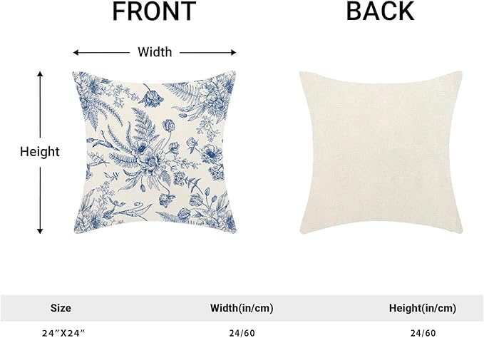 CXMEIFLY Spring Floral Leaves Pillow Covers 24 x 24 Inch Set of 2 for Chinoiserie Flowers Decor Throw Pillows Blue and White Seasonal Plant Outdoor Decorative Cushion Cases for Couch Bed Decorations