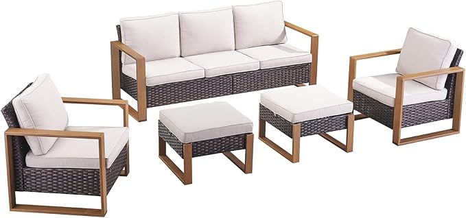 Outdoor Wicker Patio Furniture Set - 5 Piece Patio Conversation Set with 2 Wicker Armrest Chairs,2 Rattan Ottoman and 1 Couch,Sturdy Frame,Thick Cushions,Deep Seating(Brown/Beige)