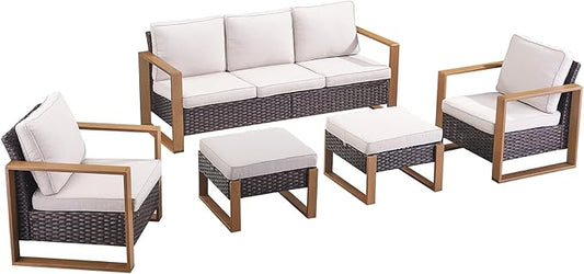 Outdoor Wicker Patio Furniture Set - 5 Piece Patio Conversation Set with 2 Wicker Armrest Chairs,2 Rattan Ottoman and 1 Couch,Sturdy Frame,Thick Cushions,Deep Seating(Brown/Beige)