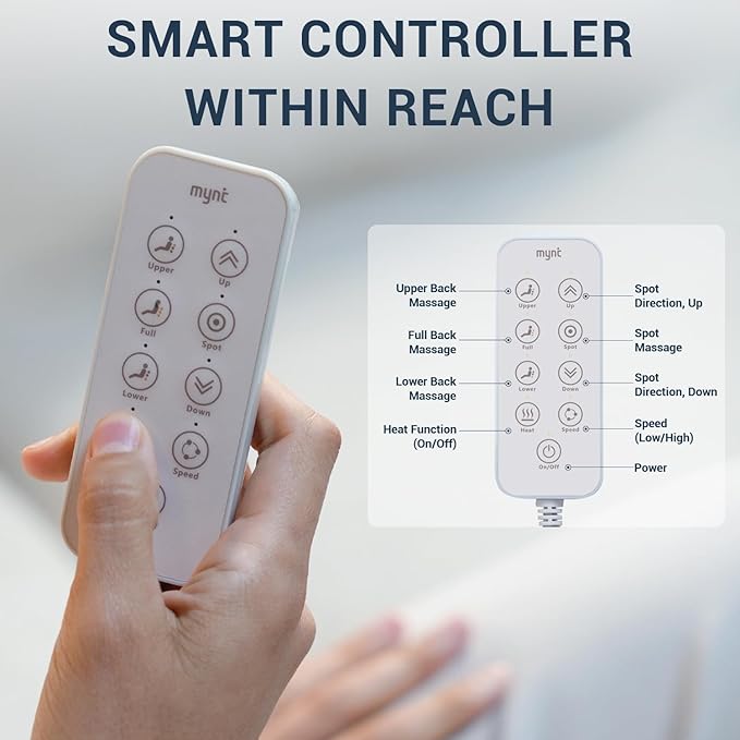Mynt FSA HSA Eligible Foldable Back Massager, Chair Massager with Soothing Heat, Flexible Massage Chair Pad with Soft S-Curve Longer Track Adjustable Pillow for Diverse Body Contours, FSA/HSA Approved