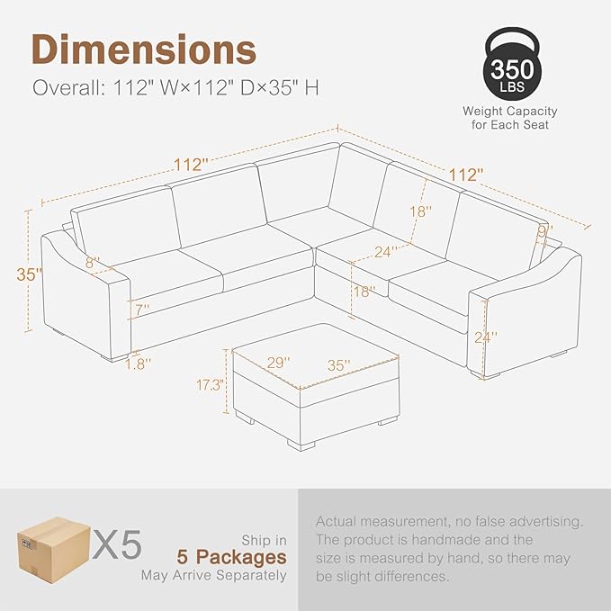 112" Modular Sectional Sofa, Large 7 Seater L Shaped Couch with Detachable Sofa Cover, Movable Ottoman, Deep Seat Corner Couch for Living Room, Apartment - Linen Fabric, Ivory