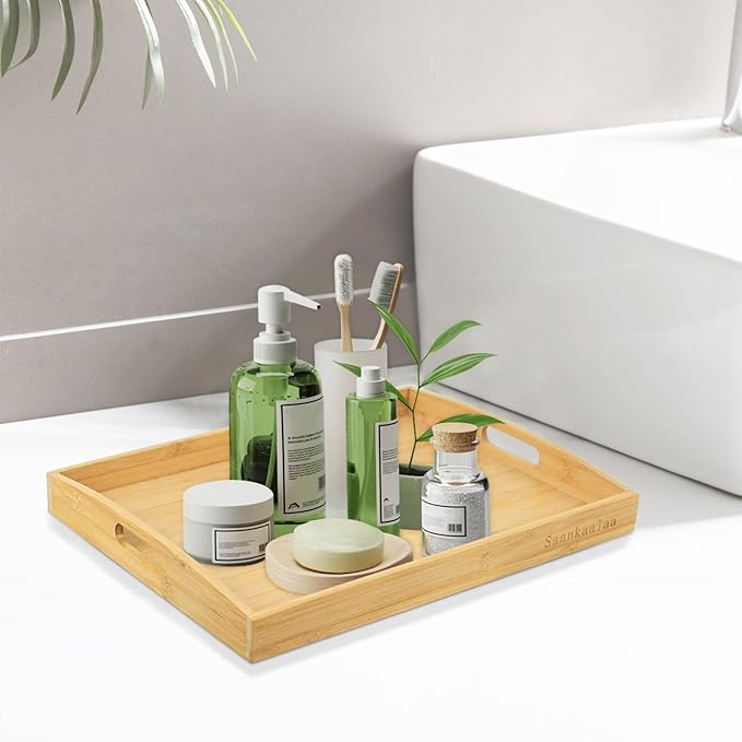 Bamboo Serving Tray Set of 2 Elegant for Coffee, Eating or Decor - Large and Small Rectangle Serving Trays with Handles - Wood Serving Tray Suitable for Home, Kitchen and Outdoor