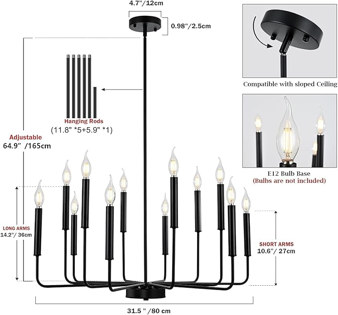 Modern Black Farmhouse Chandeliers, 12-Light Industrial Metal Chandelier Lighting, Classic Candle Hanging Pendant Light Fixtures for Living Room, Dining Room, Kitchen, Bedroom, Entryway