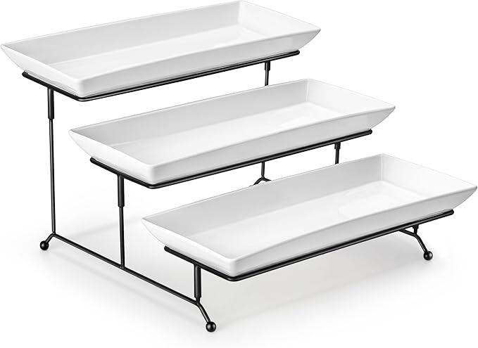 MALACASA 3 Tier Serving Tray, Porcelain Tiered Cupcake Stand, Ceramic Elevated Serving Platter with Collapsible Sturdier Rack,Series PLAT (White, 14 Inch)