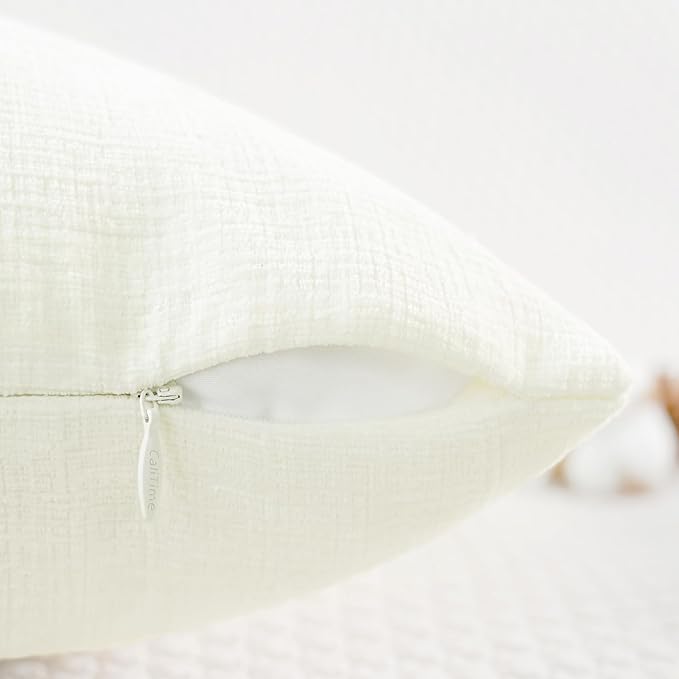 CaliTime Throw Pillow Covers Decorative 24 X 24 Inches Pack of 2 Cozy Chenille Cushion Cases for Couch Sofa Bed Living Room Home Cream