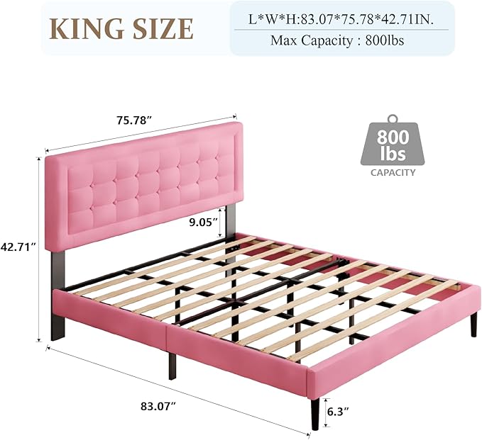 King Size Bed Frame with Headboard, Platform Bed Frame with Velvet Upholstered Button Tufted Headboard, Wood Slats Support, No Box Spring Needed, Mattress Foundation, Easy Assembly, Pink