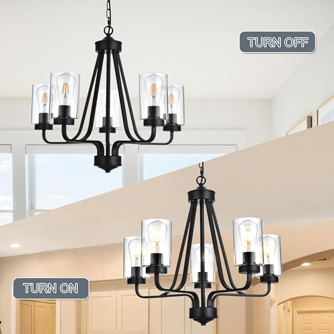 5-Lights Modern Chandelier with Clear Glass Shades, Black Farmhouse Pendant Lighting for Dining Room Kitchen Island Ceiling Light Fixture Haning Over Table