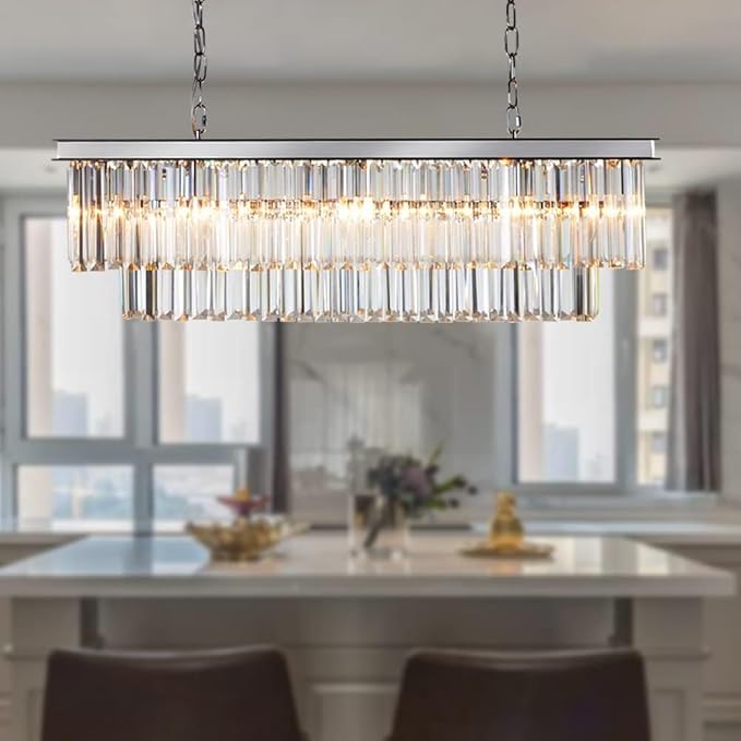Luxury Chrome Rectangular Crystal Chandeliers Lighting Modern Pendant Ceiling Lights Rectangle Chandelier Lamp Fixture 8-Lights for Dining Room Kitchen Island