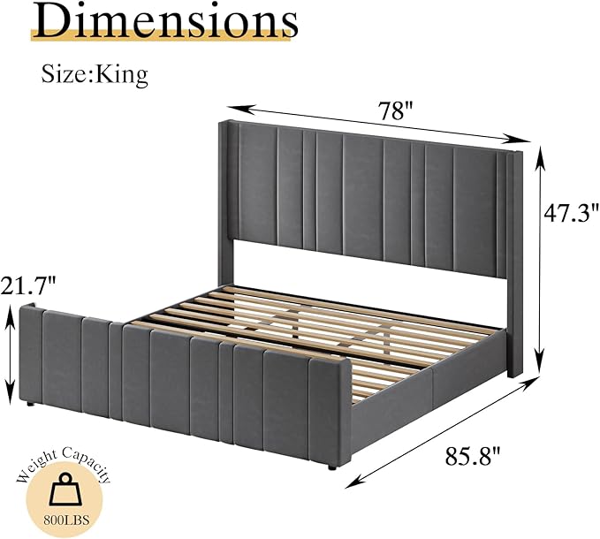 King Size Bed Frame and Headboard, Modern Velvet Upholstered Bed Frame with Vertical Channel Tufted Headboard & Footboard, Soft Bed Frame King, Noise Free, No Box Spring Needed, Easy Assembly, Grey