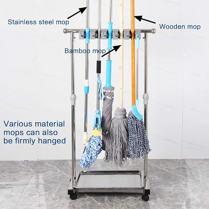 movable mop broom holder put wet mops floor standing cleaning tool rack stainless for schools, hospitals, factories, hotels, restaurant, etc.