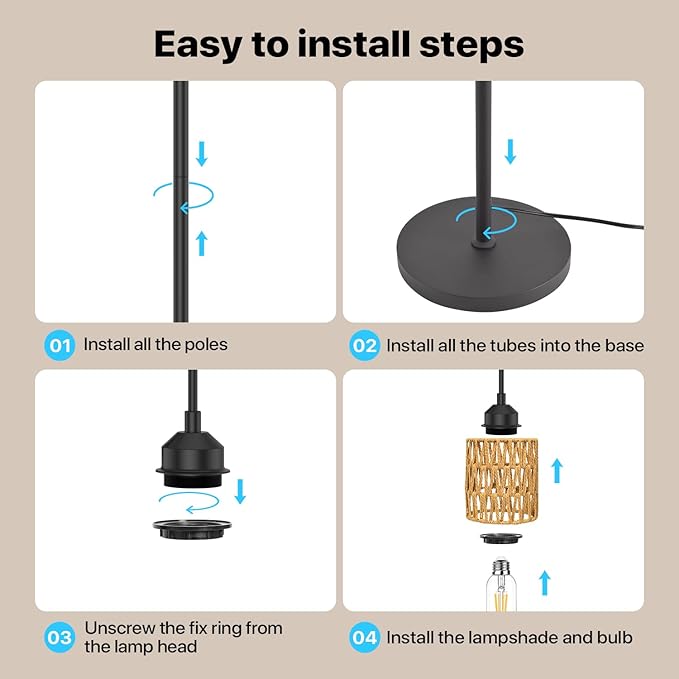 3-Light Boho Floor Lamp for Living Room, Rattan Wicker Standing Lamp Palm Tree Design, Farmhouse Coastal Floor Light with Woven Shade, Tall Bohemian Lamp