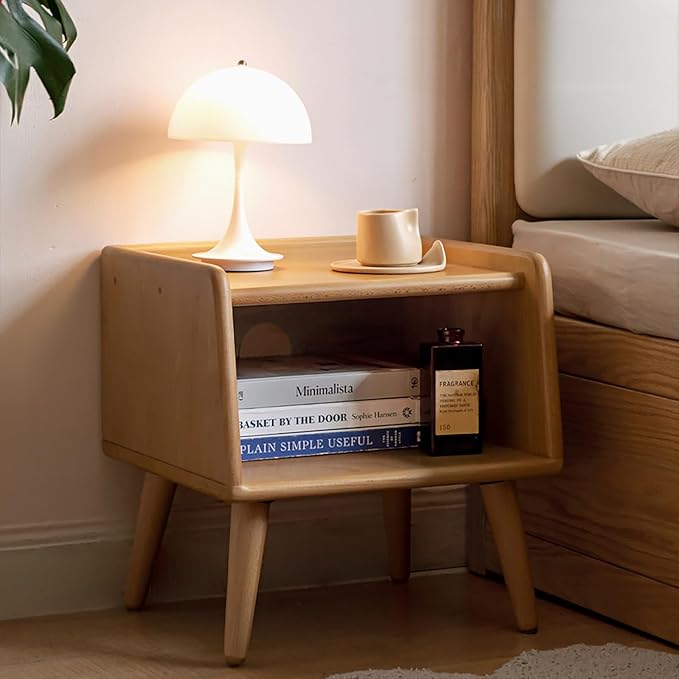 Small Nightstand, 100% Solid Oak Wood Bedside Table, Mid Century Modern Nightstand with Open Storage,Storage Cabinet for Bedroom (2pc Natural Color)