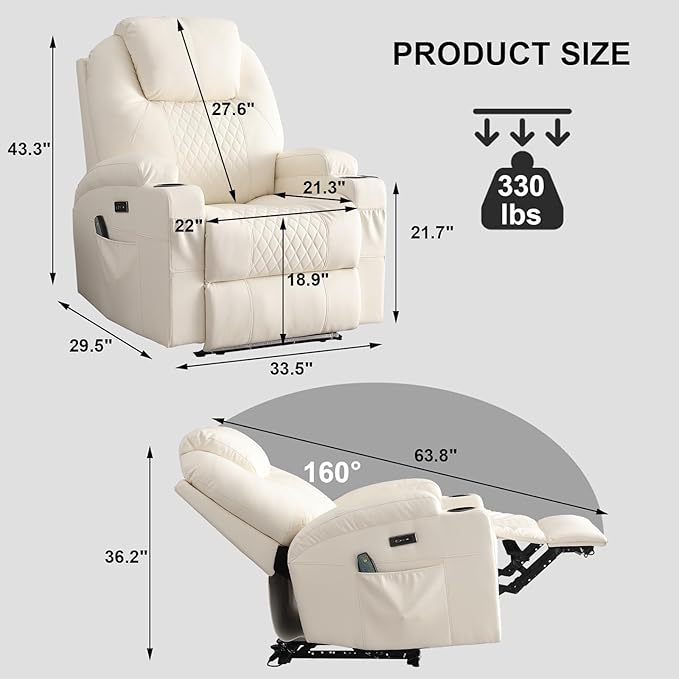 Power Recliner Chair with Heat and Massage, PU Leather Home Theater Seating with LED Lights/Cup Holders/Side Pocket/USB Port, Reclining Sofa Chair for Living Room (3, Beige)