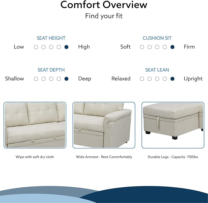 Naomi Home Transform Any Space: Sleeper Sectional Sofa with Convertible Sofa Bed & Inviting Chaise. Find Tranquil Comfort with Stress-Relieving Design & Durable Cushions - Cream/Velvet