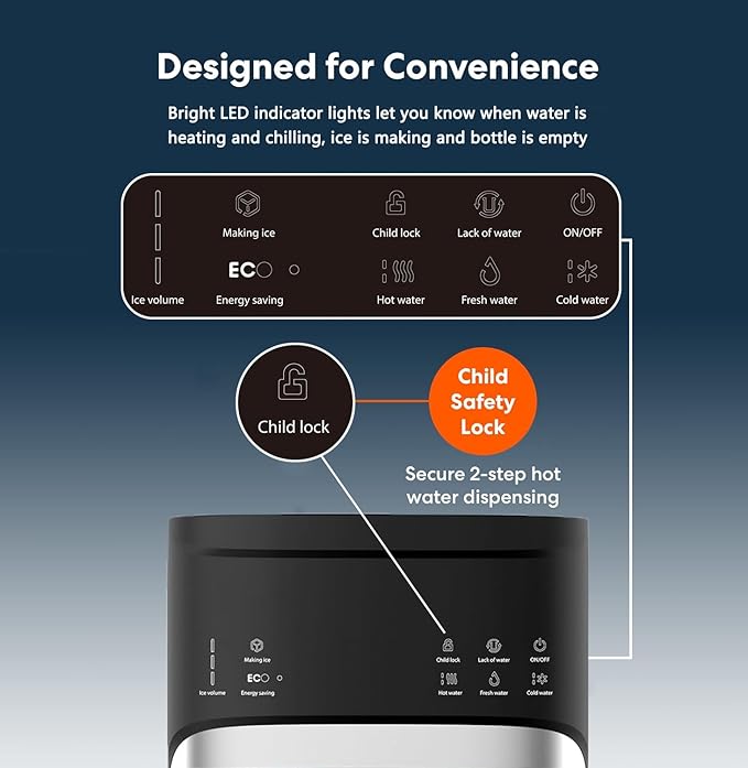 Self Cleaning Hot and Cold Bottom Load Water Cooler Dispenser with Ice Maker for 5 Gallon 3 Temperature Settings 22lbs Daily Capacity Black
