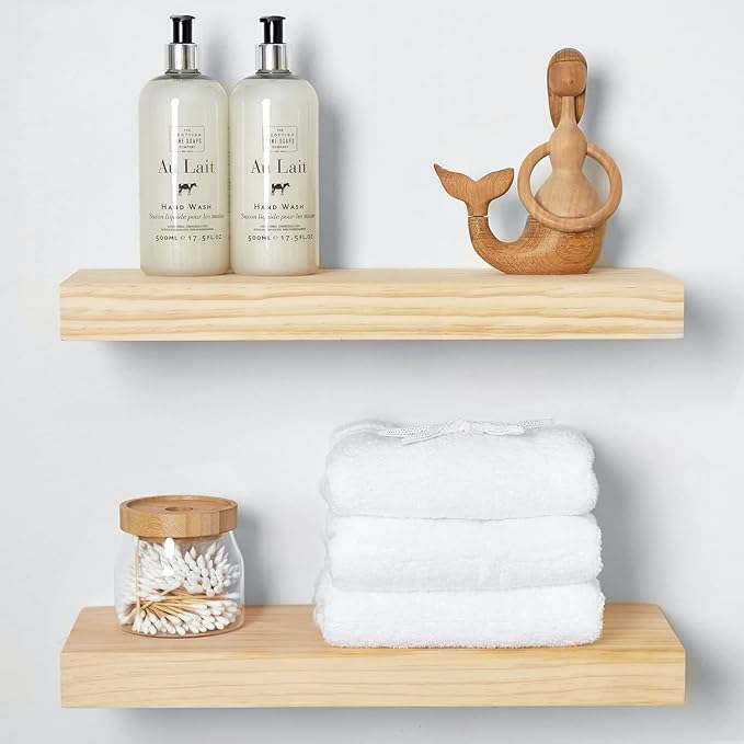 Homeforia 18 inch Wood Floating Shelves, High End Solid Natural Wood 18inch Floating Shelf for Wall Mounted, Unfinished Wooden 18in Floating Shelves, Heavy Duty Bracket, 18 X 6.5 X 1.75 inch, Set of 3