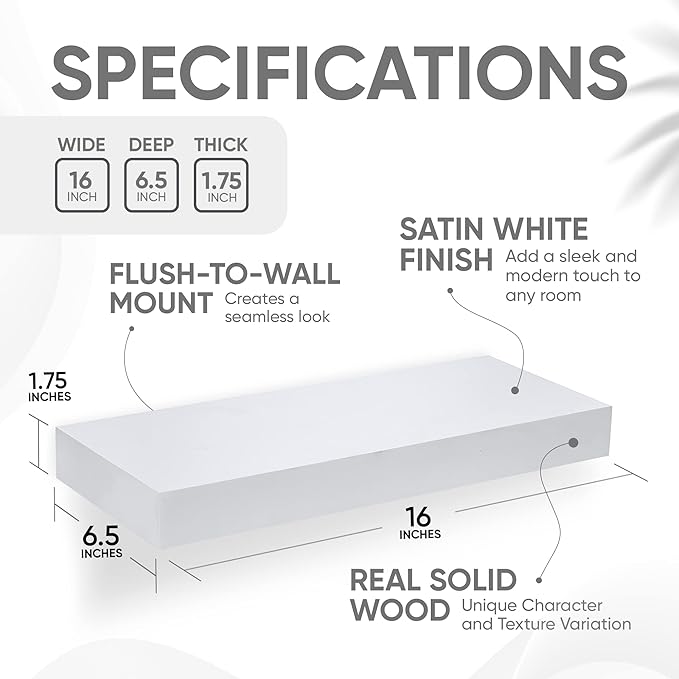 Homeforia White Floating Shelves 16 inch, High End Solid Real Wood 16inch Bathroom Floating Shelf for Wall Mounted, White Wooden 16 Floating Shelves, Heavy Duty Bracket, 16 X 6.5 X 1.75 inch, Set of 3