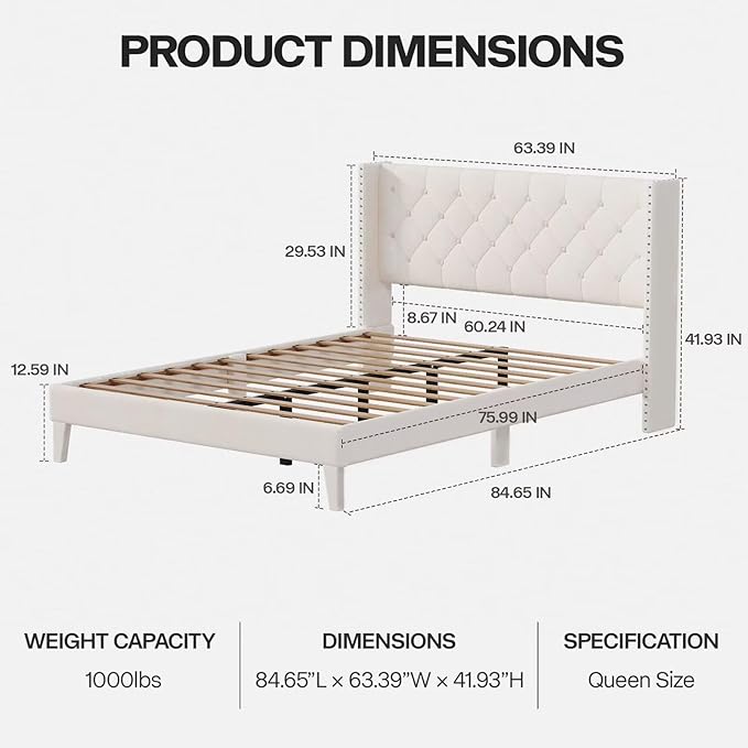 Queen Size Bed Frame with LED Lights, Upholstered Bed Frame with Wingback Diamond Tufted Headboard, Wood Slats Support, Noise-Free, Easy Assembly, No Box Spring Needed, Beige