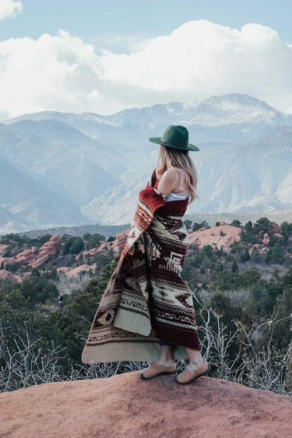 Inca Aztec Throw, Queen, King Blanket | Southwest Indian Navajo Boho Style | Native Cover for Camping, Bedding, Couch, Vanlife | Faux Alpaca, Lightweight, Hypoallergenic (Vinincunca Maroon, Queen)