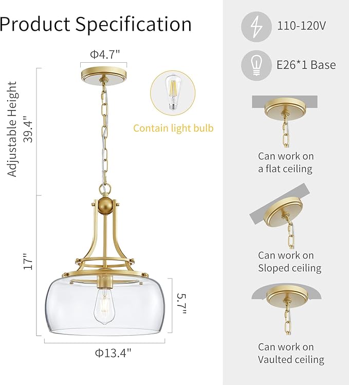 WUZUPS Chandelier Rustic Farmhouse Industrial Round Ceiling Pendant LED Light Fixture with Clear Glass Shades for Dining Room Kitchen Island Foyer Entryway, H 17" x W 13.4", E26 Base, Gold