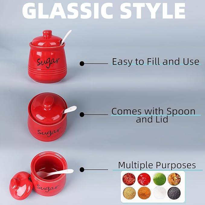 HAOTOP 12oz Sugar Bowl with Lid and Spoon,Ceramic Sugar Jar Sugar Dispenser Sugar Container Coffee Bar Accessories, Kitchen Countertop Canisters, Red