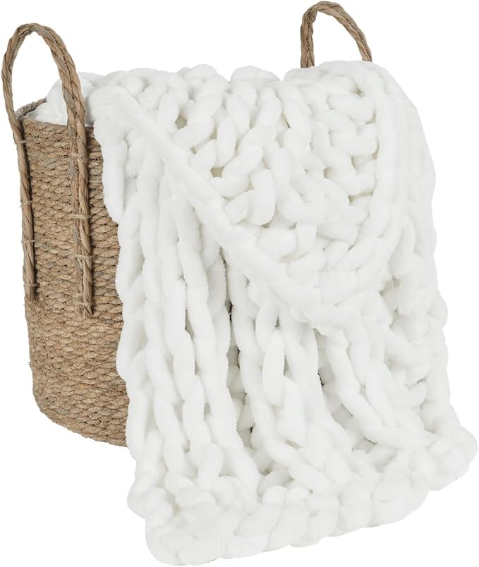 Esterra Chunky Knit Blanket Throw, 100% Handmade Chenille Throw Blanket 40"x50", Soft Thick Yarn Cable Knit Crochet Throw Blanket Rope Knot Throw for Couch Bed Sofa, Bright White