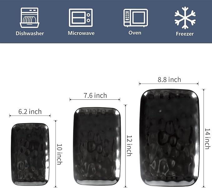 vicrays Ceramic Rectangle Serving Platters - 14" 12" 10" Porcelain Serving Trays Plates for Party BBQ Appetizers Sushi Dessert - Microwave Oven and Dishwasher Safe - Set of 3 Bright Black
