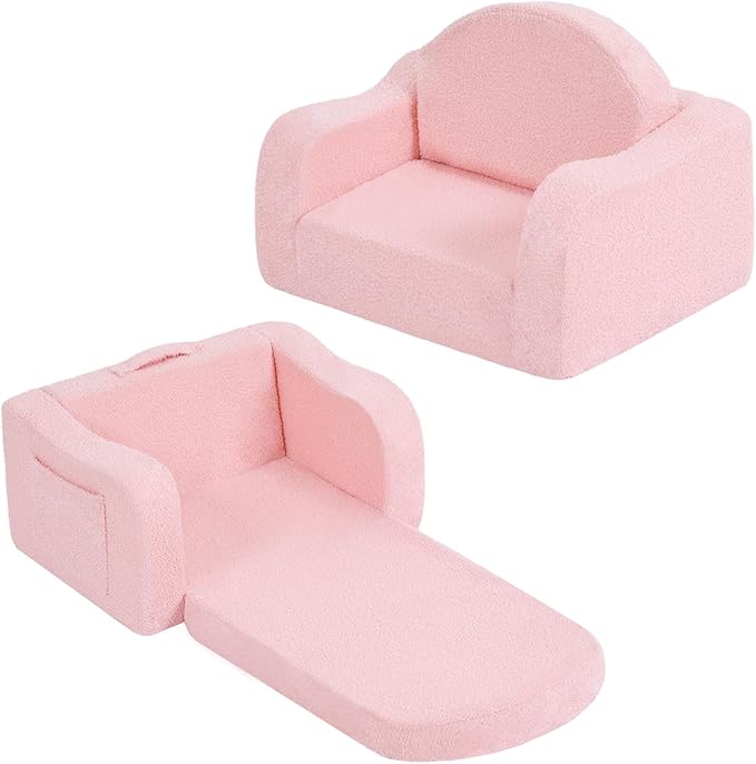 Welnow 2-in-1 Kids Sofa Chair, Convertible Toddler Chair Flip Out Children Sofa Chair with Wave Armrests Folding Kids Play Sofa with Side Pockets & Removable Cover Armchair for Girl or Boy