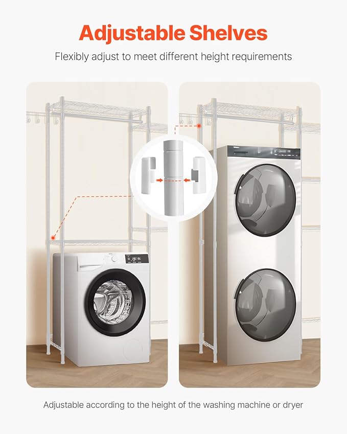 VEVOR Over The Washer and Dryer Storage Shelf, 5 Tier Laundry Room Drying Rack with Hanger Rod and Hooks, Adjustable Over Washer and Dryer Shelves, Laundry Room Shelf Storage Space Saver, White