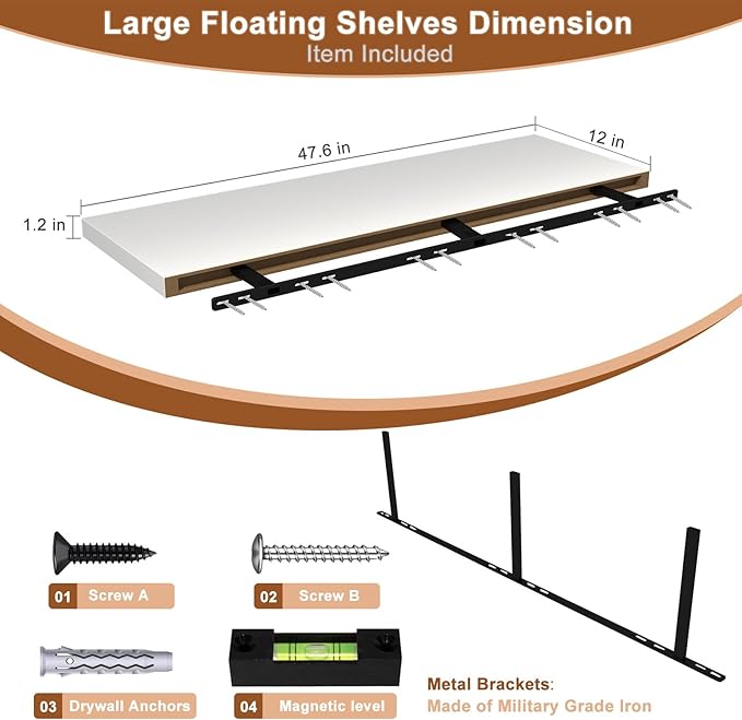 48 Inch Floating Shelf 1 Pack Large Floating Shelves for Wall No Drilling Accessories Included Deep Wall Shelves for Living Room Kitchen Farmhouse 48" W x 12" D x 1.2" White