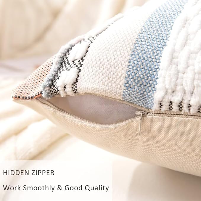 Boho Throw Pillow Covers 18x18 Set of 2 Farmhouse Decorative Cushion Case Striped Square Pillows Cover Chenille Pillow Cases Accent Neutral Pillowcase for Sofa Couch Bed,Orange-Blue